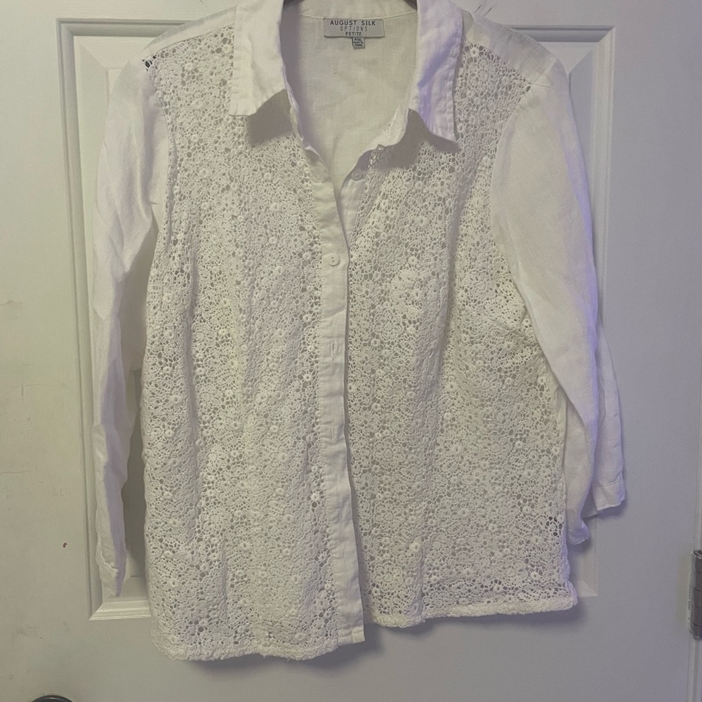 100% Linen August Silk White Lace Button-Down Shirt Petite XL Extra Large PXL